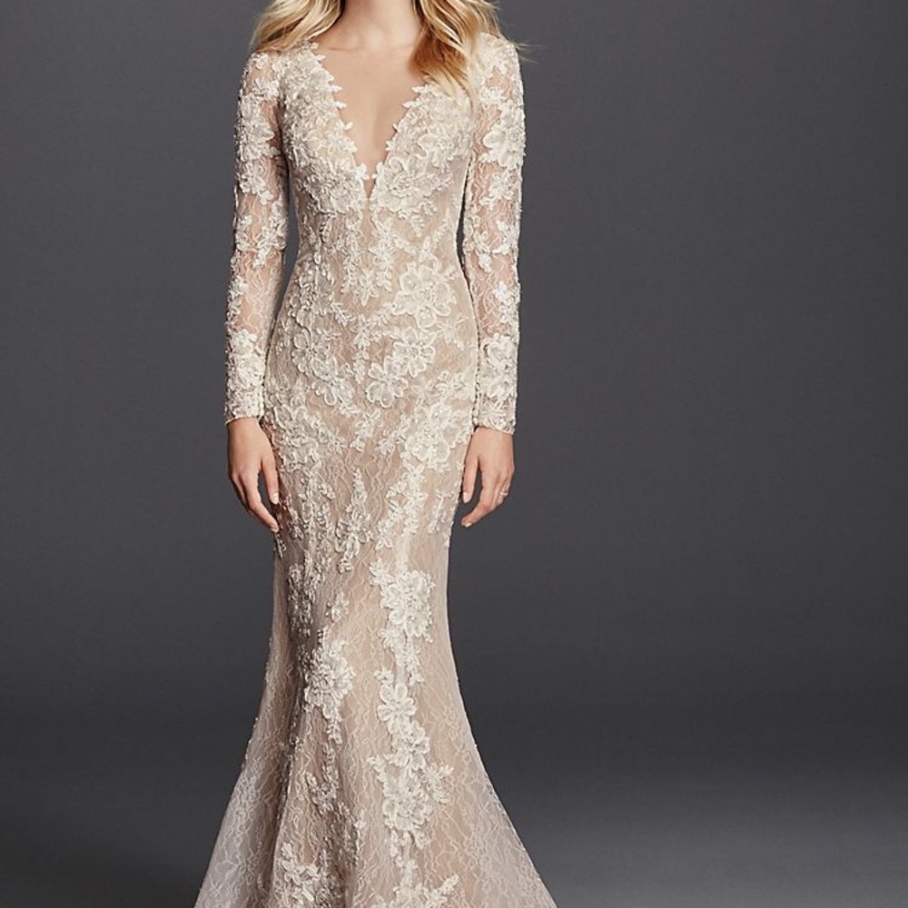 Petite long sleeve plunging v-neckline ivory lace wedding gown